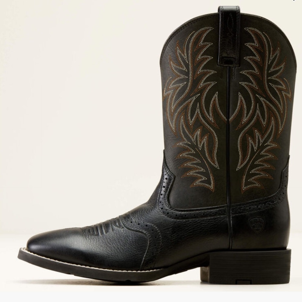 Ariat Black Leather Western Cowboy Boots with Brown Stitching - Picture 2 of 12